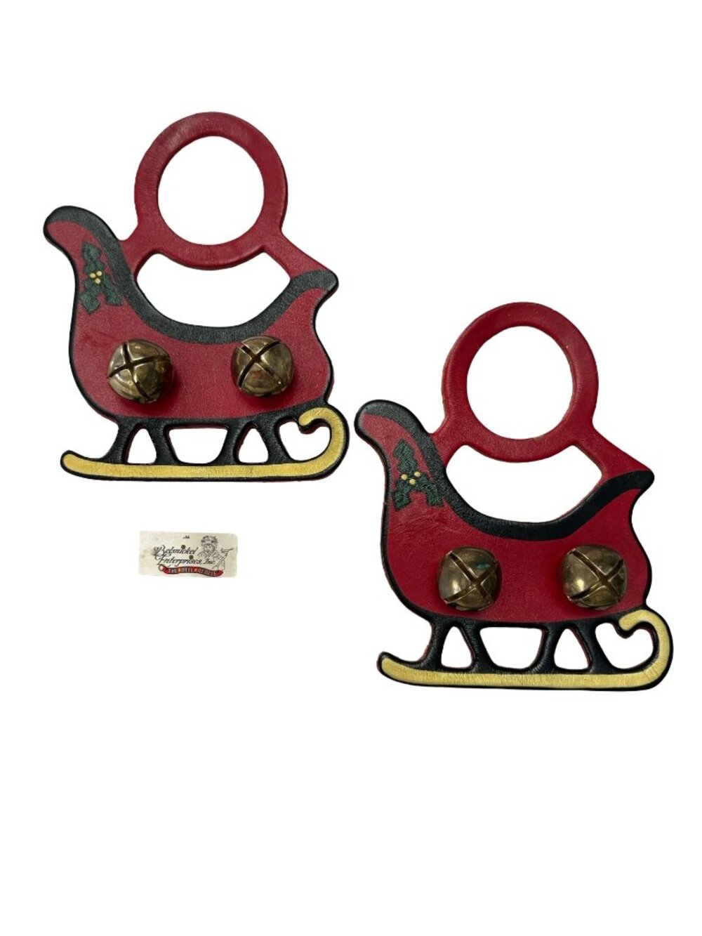 Vintage Belsnickel Enterprises Leather Christmas Sleigh Bell Door Hangers Set of